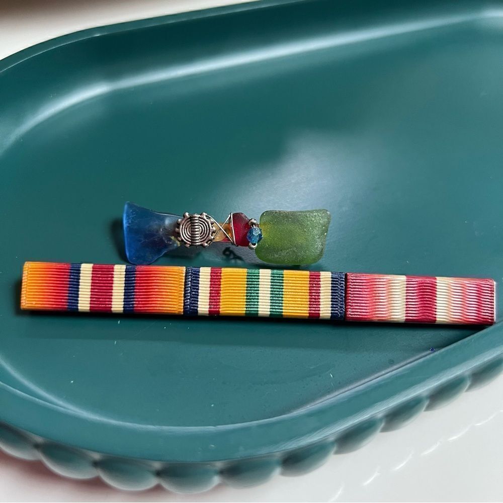 Vintage Handmade One of a Kind Rainbow Glass Stones Striped Fabric Brooch Lot